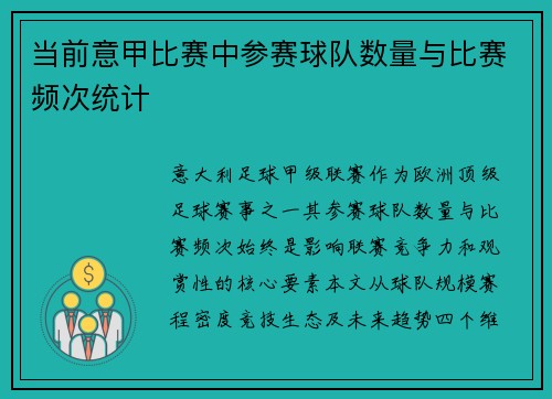 当前意甲比赛中参赛球队数量与比赛频次统计